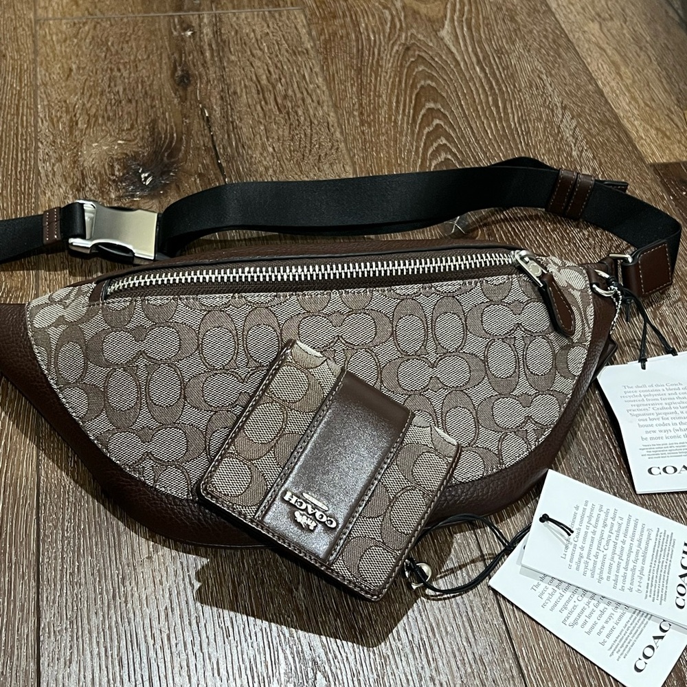 NWT coach warren fanny pack belt bag brown with wallet, 2 total